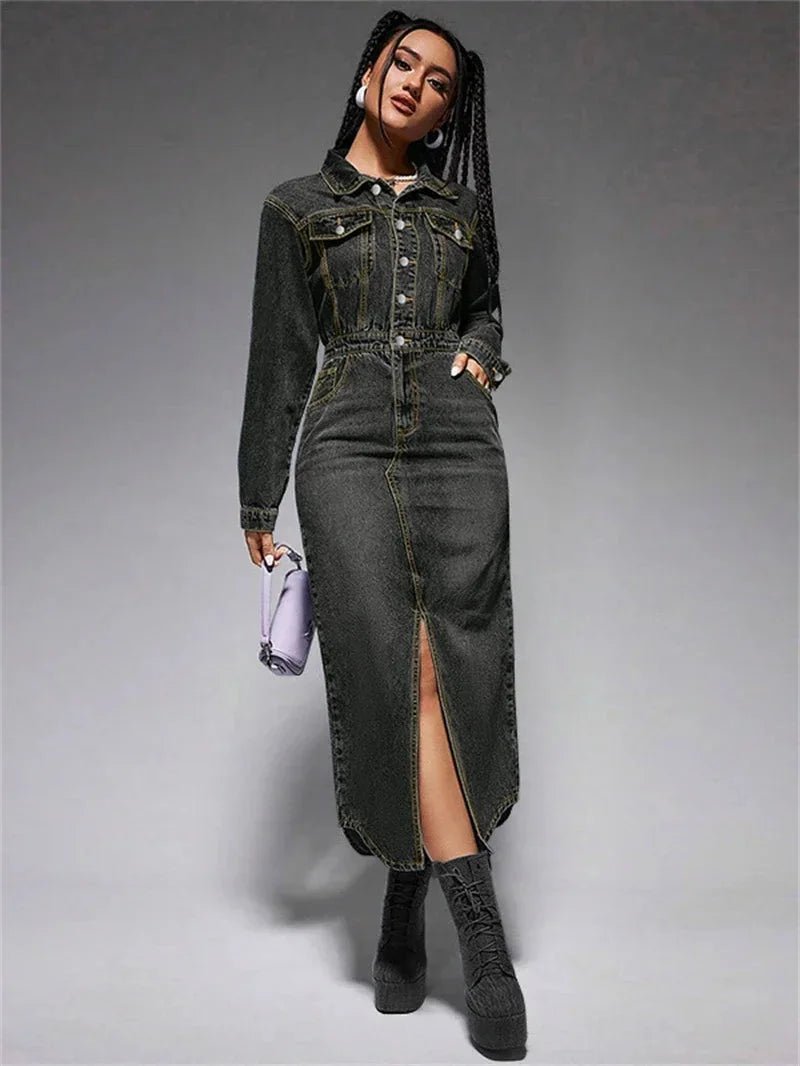 Vintage Button - Front Denim Dress - Western Streetwear Collar - HalleBeauty